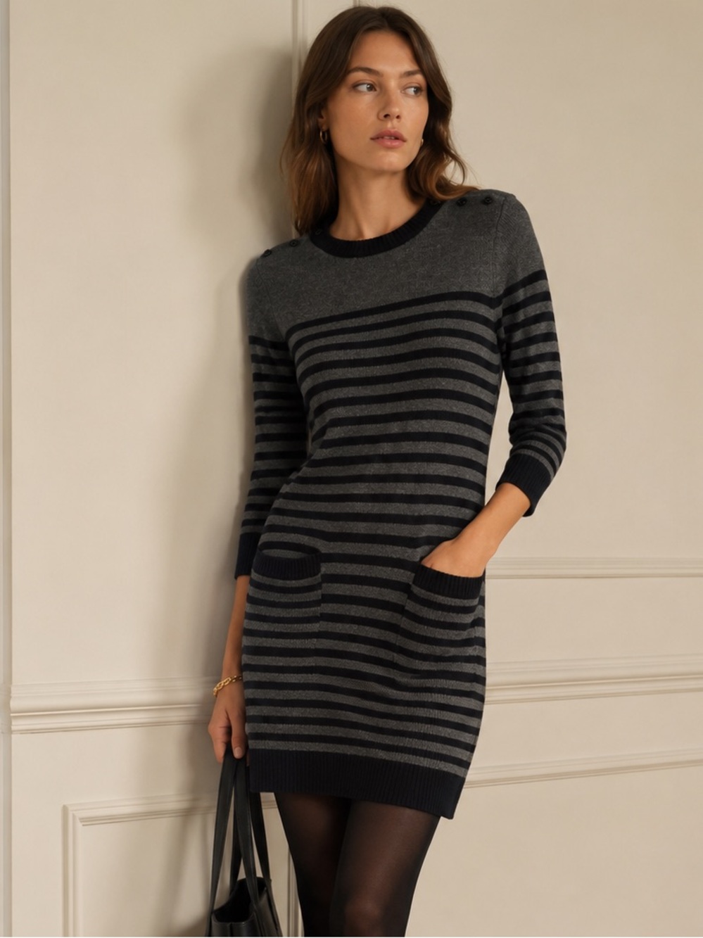 Theory 100% Cashmere Striped Sweater Dress Grey Black Size Small